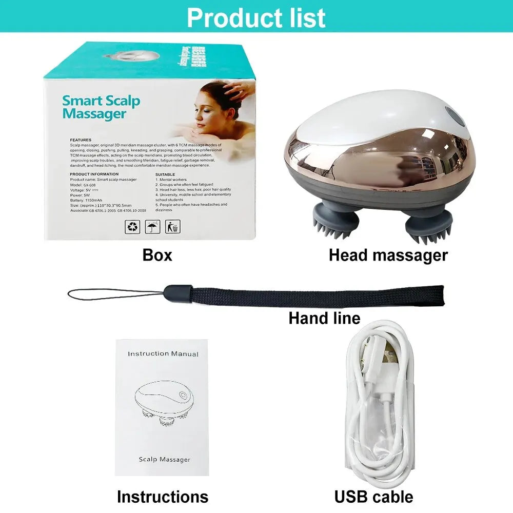 Electric Scalp Massager Hair Growth Portable Rechargeable Head Massage Stress Relax Waterproof Handheld Hair Scratcher Silicone
