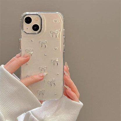 Korean Cute Little 3D Metal Bowknot Case For iPhone 16 15 14 13 12 11 Pro Max Plus Epoxy Glitter Shell Ins Girl Clear Soft Shell
