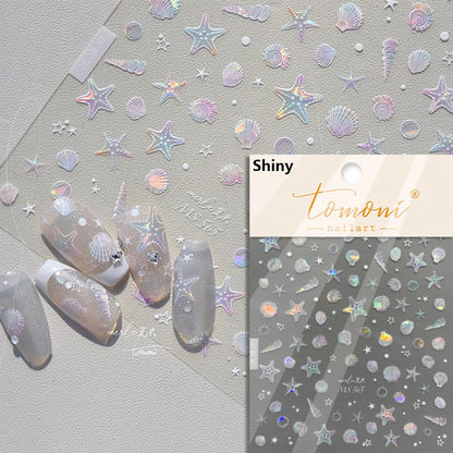 Calcomanías de manicura para decoración de uñas con relieve suave, conchas, estrellas de mar, caracoles, burbujas marinas, verano, playa, océano