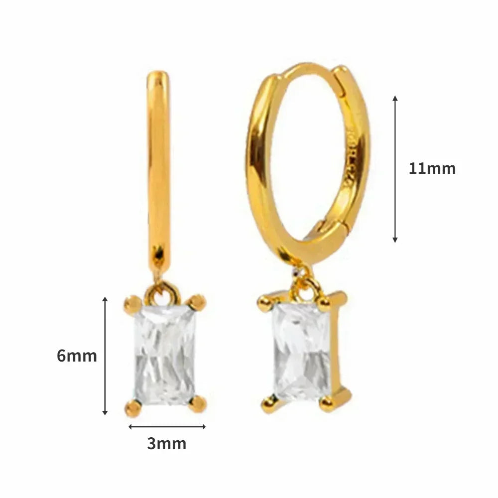 Pendientes de aro de plata de ley 925 con forma de aguja y cristales de circonita, con gotas de agua, dorados, joyería de lujo premium para fiestas.