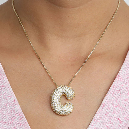 Collar con inicial de letra de circonita cúbica brillante para mujer, cadena de caja chapada en oro, globo, burbuja, colgante de AZ, collares, joyería, regalo