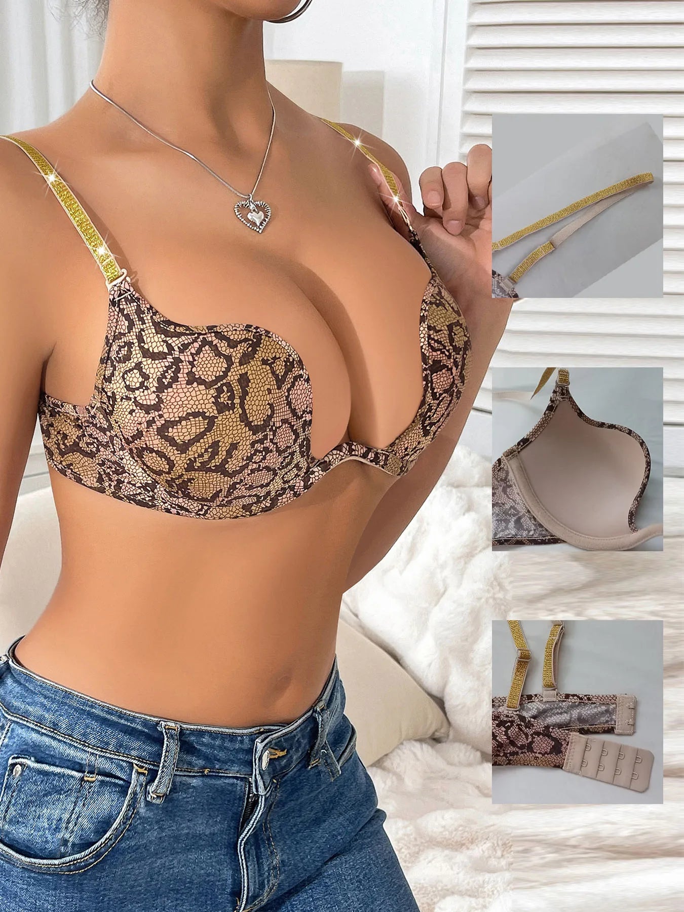 women's plunge balconette no removable padding bra knitting push up brassiere leopard print contrast  sequin underwear