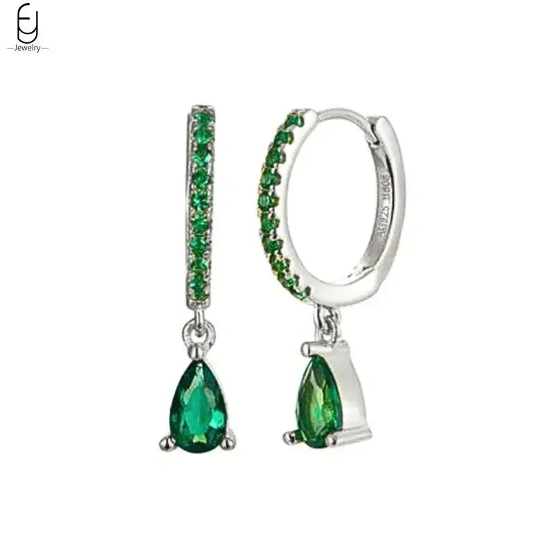 Pendientes de aro con forma de corazón y circonita verde en plata de ley 925 para mujer, delicados pendientes de botón, joyería de lujo, regalos.