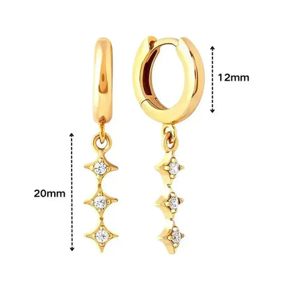 Pendientes de aro de plata de ley 925 con forma de aguja y cristales de circonita, con gotas de agua, dorados, joyería de lujo premium para fiestas.