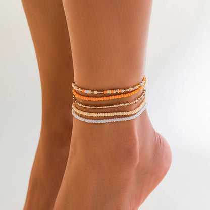 Ingemark - Juego de tobilleras bohemias con cuentas de colores para mujer, pulsera de cadena elástica sencilla para playa, para verano, joyería para tobillo descalzo en la pierna