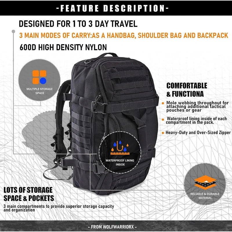 Mochila táctica militar de viaje de 40L, 60L y 80L con correa ajustable, ideal para el fin de semana, para hombres y mujeres, bolsas de gimnasio impermeables.