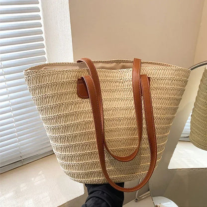 Bolso de mano trenzado con asa superior para mujer, bolso grande de paja portátil para hombro, bolso de fiesta de playa de verano, bolso de compras tipo cartera para mujer