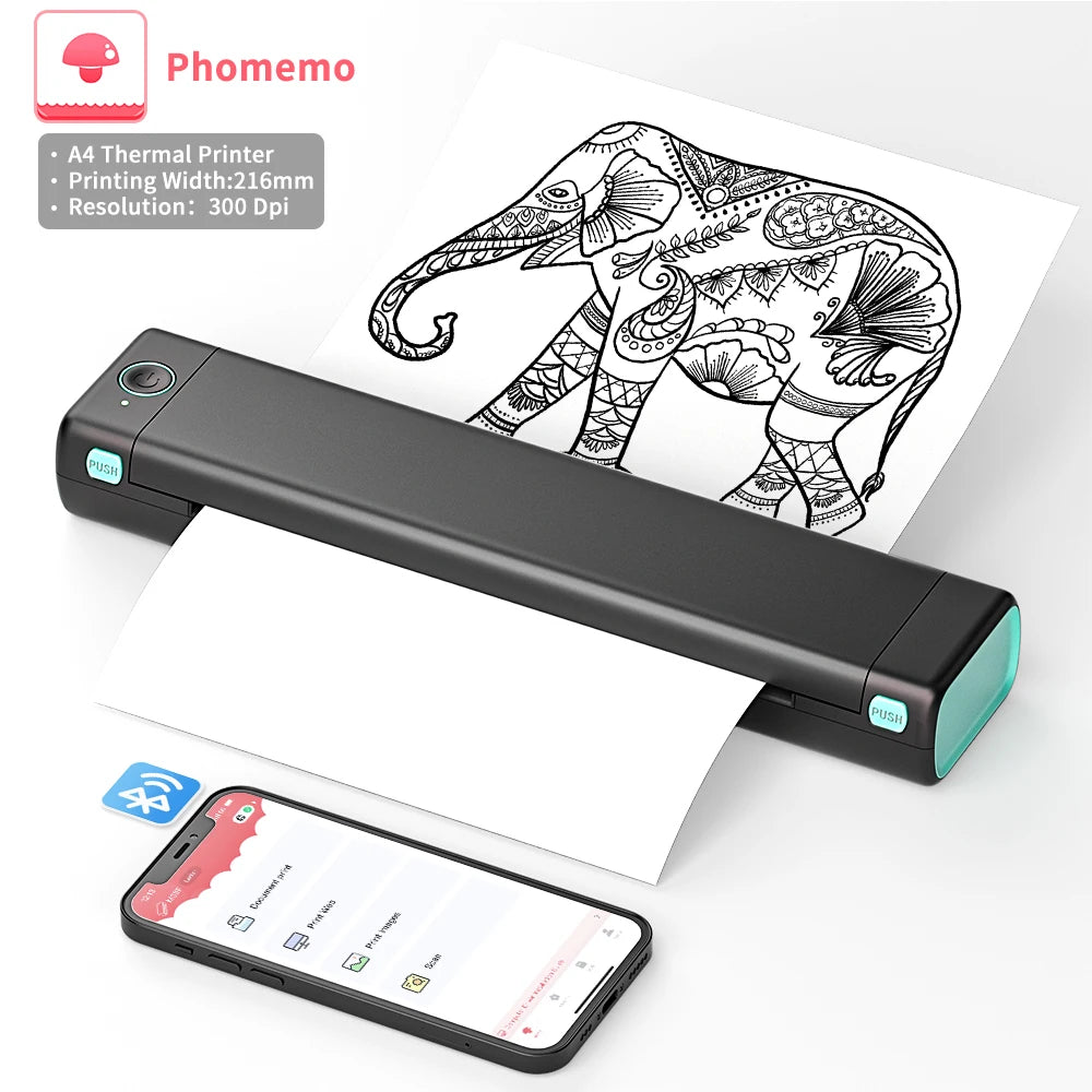 Impresora térmica portátil Phomemo M08F A4, compatible con papel térmico A4 de 8,26" x 11,69", impresora inalámbrica móvil de viaje para coche y oficina.