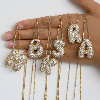 Collar con inicial de letra de circonita cúbica brillante para mujer, cadena de caja chapada en oro, globo, burbuja, colgante de AZ, collares, joyería, regalo