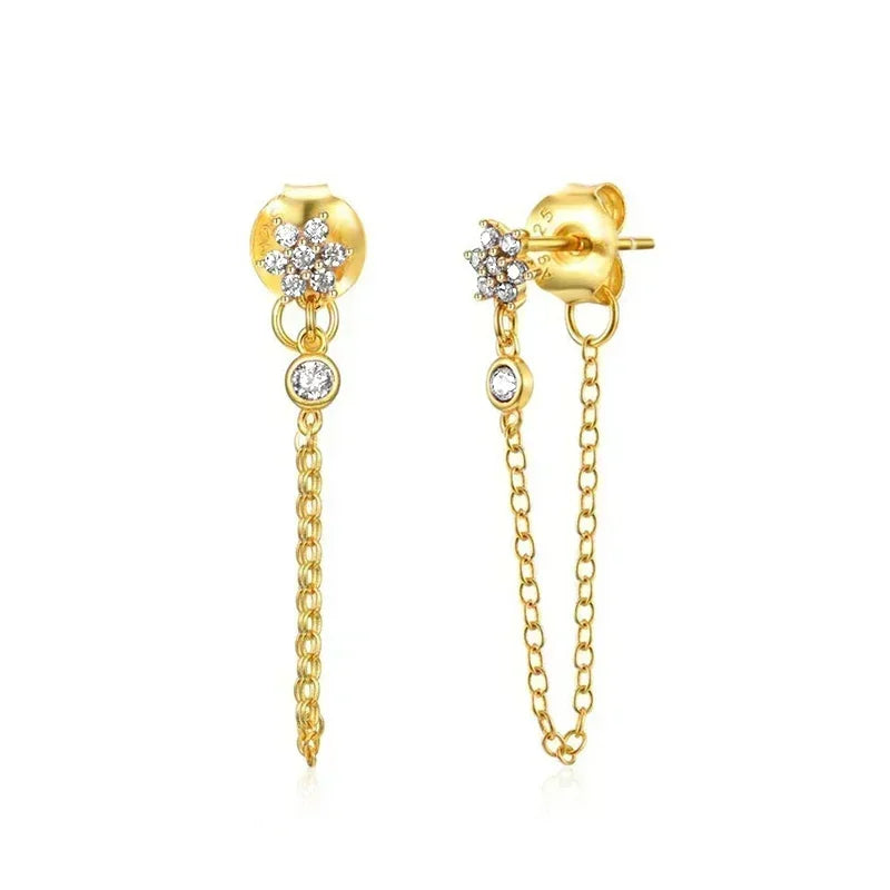 Pendientes de aro de plata de ley 925 con forma de aguja y cristales de circonita, con gotas de agua, dorados, joyería de lujo premium para fiestas.