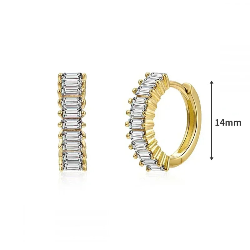 Pendientes de aro de plata de ley 925 con forma de aguja y cristales de circonita, con gotas de agua, dorados, joyería de lujo premium para fiestas.