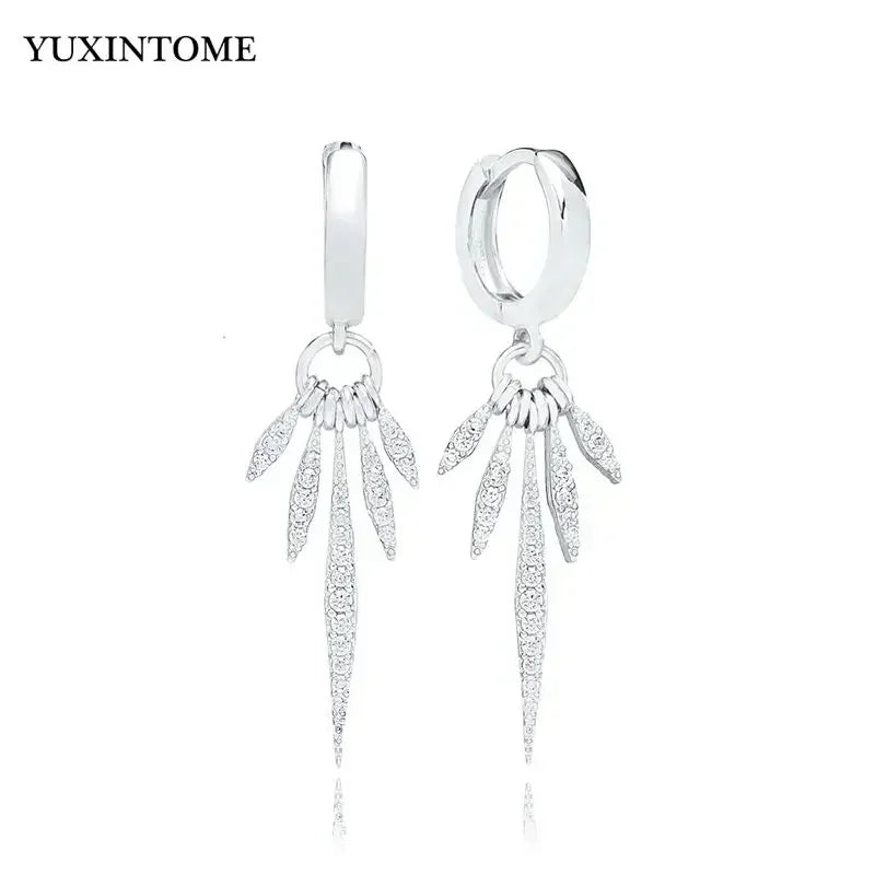 Pendientes de aro de plata de ley 925 con forma de aguja y cristales de circonita, con gotas de agua, dorados, joyería de lujo premium para fiestas.