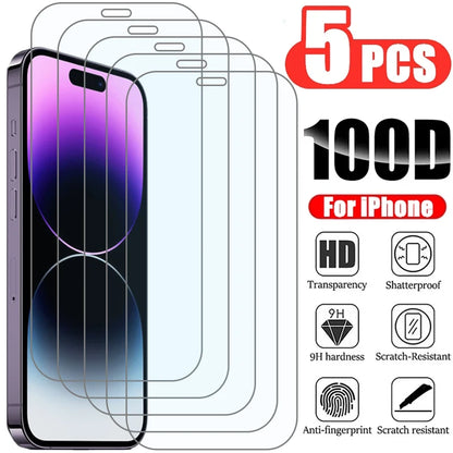 5 protectores de pantalla de vidrio templado para iPhone 11, 12, 13 Pro, XR, X, XS Max, 14 Pro Max, Mini, 7, 8, 6, 6S Plus, 5S, SE.