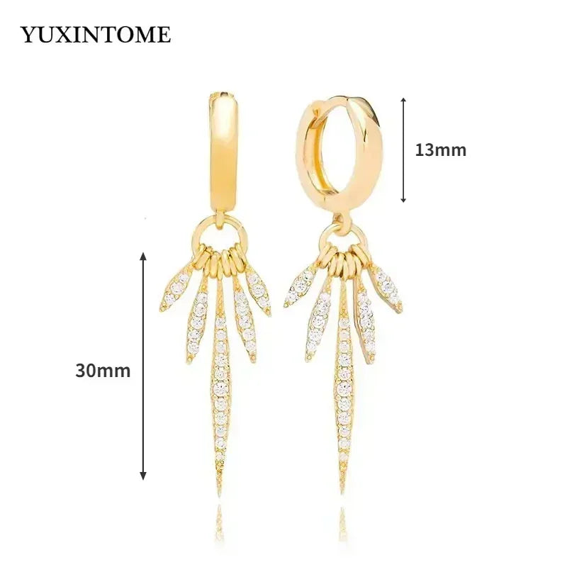 Pendientes de aro de plata de ley 925 con forma de aguja y cristales de circonita, con gotas de agua, dorados, joyería de lujo premium para fiestas.