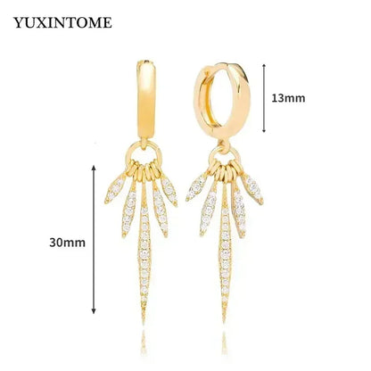 Pendientes de aro de plata de ley 925 con forma de aguja y cristales de circonita, con gotas de agua, dorados, joyería de lujo premium para fiestas.