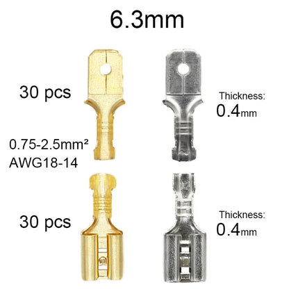 60Pcs Terminal Electrical Connectors 2.8/4.8/6.3mm Butt Splice Lug Terminals for Wire 12awg Crimp Cable Eletrico Car Accessories