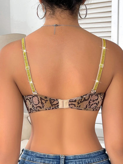 women's plunge balconette no removable padding bra knitting push up brassiere leopard print contrast  sequin underwear