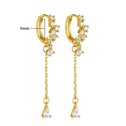 Pendientes de aro de plata de ley 925 con forma de aguja y cristales de circonita, con gotas de agua, dorados, joyería de lujo premium para fiestas.