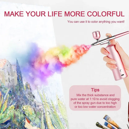 Kit de mini compresor de aire rosa de 0,3 mm, pistola pulverizadora de pintura con aerógrafo para uñas, tatuajes, manualidades, pasteles, pulverizador de niebla nano.