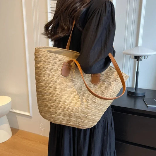 Bolso de mano trenzado con asa superior para mujer, bolso grande de paja portátil para hombro, bolso de fiesta de playa de verano, bolso de compras tipo cartera para mujer