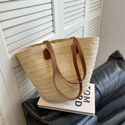 Bolso de mano trenzado con asa superior para mujer, bolso grande de paja portátil para hombro, bolso de fiesta de playa de verano, bolso de compras tipo cartera para mujer