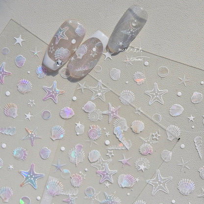 Calcomanías de manicura para decoración de uñas con relieve suave, conchas, estrellas de mar, caracoles, burbujas marinas, verano, playa, océano