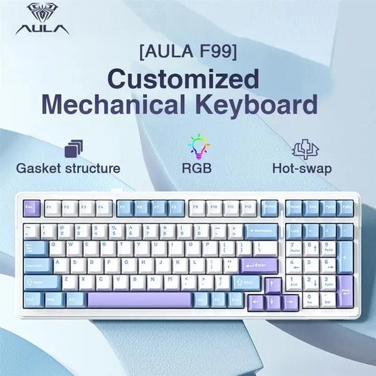Teclado mecánico para juegos Aula F99 de tres modos, inalámbrico, Bluetooth, 2,4 GHz, con cable, intercambio en caliente, junta PBT RGB, para PC, portátil y gamer, 99 teclas