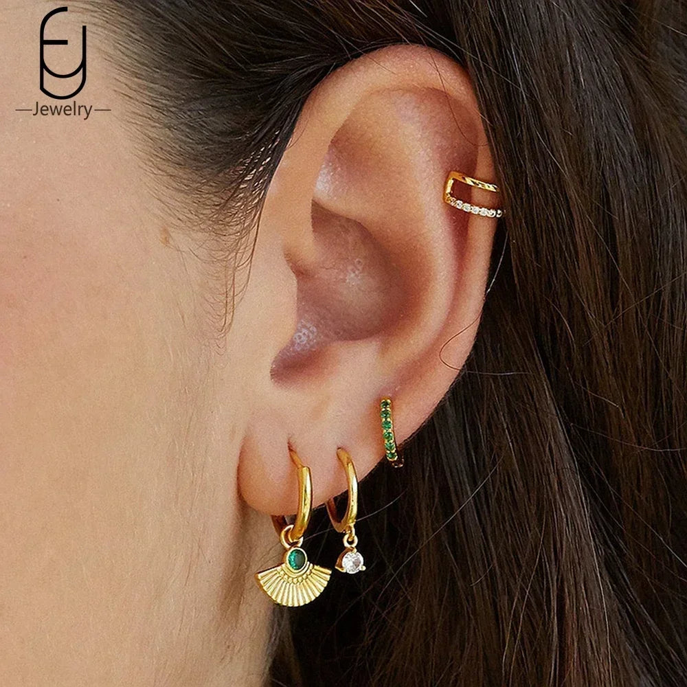 Pendientes de aro con forma de corazón y circonita verde en plata de ley 925 para mujer, delicados pendientes de botón, joyería de lujo, regalos.