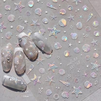 Calcomanías de manicura para decoración de uñas con relieve suave, conchas, estrellas de mar, caracoles, burbujas marinas, verano, playa, océano
