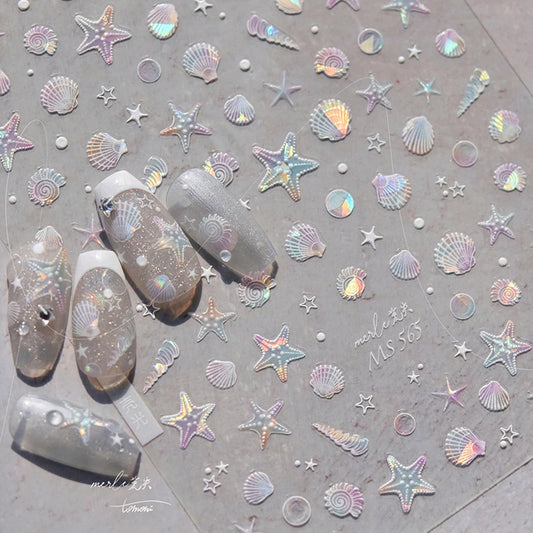 Calcomanías de manicura para decoración de uñas con relieve suave, conchas, estrellas de mar, caracoles, burbujas marinas, verano, playa, océano