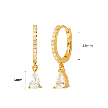 Pendientes de aro de plata de ley 925 con forma de aguja y cristales de circonita, con gotas de agua, dorados, joyería de lujo premium para fiestas.