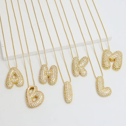 Collar con inicial de letra de circonita cúbica brillante para mujer, cadena de caja chapada en oro, globo, burbuja, colgante de AZ, collares, joyería, regalo