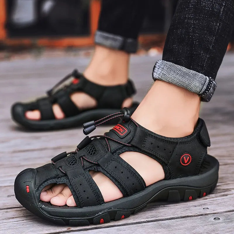 Sandalias de cuero genuino para hombre, zapatos de verano para hombre, zapatos para exteriores, sandalias de cuero para hombre
