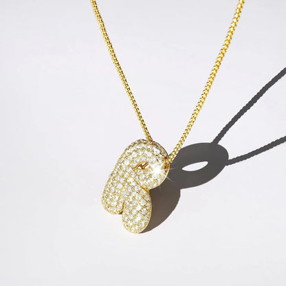 Collar con inicial de letra de circonita cúbica brillante para mujer, cadena de caja chapada en oro, globo, burbuja, colgante de AZ, collares, joyería, regalo