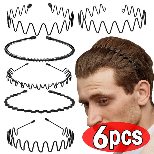 6 diademas de metal de moda para hombres y mujeres, unisex, negras, onduladas, para la cabeza, deportivas, accesorios para el cabello, regalo