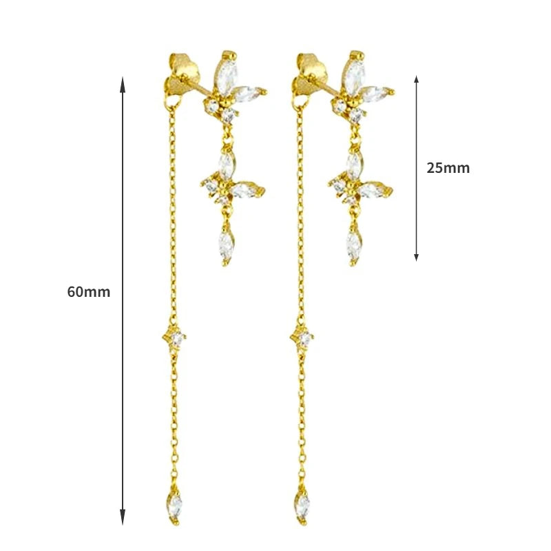 Pendientes de aro de plata de ley 925 con forma de aguja y cristales de circonita, con gotas de agua, dorados, joyería de lujo premium para fiestas.