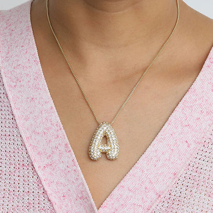 Collar con inicial de letra de circonita cúbica brillante para mujer, cadena de caja chapada en oro, globo, burbuja, colgante de AZ, collares, joyería, regalo
