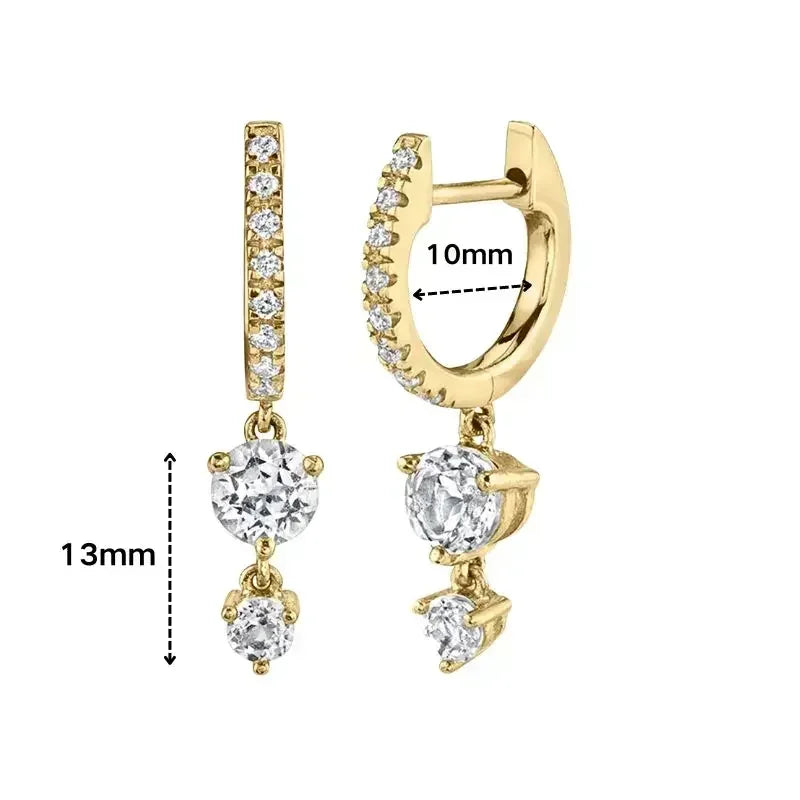 Pendientes de aro de plata de ley 925 con forma de aguja y cristales de circonita, con gotas de agua, dorados, joyería de lujo premium para fiestas.