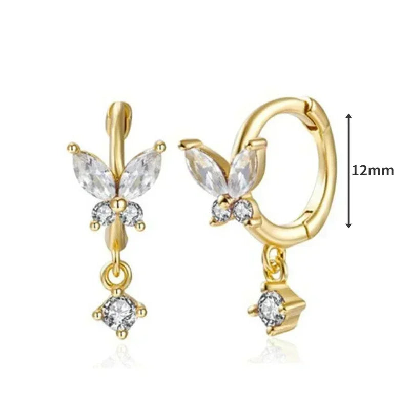 Pendientes de aro de plata de ley 925 con forma de aguja y cristales de circonita, con gotas de agua, dorados, joyería de lujo premium para fiestas.