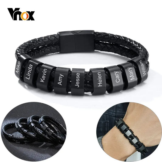 Pulseras de cuero trenzado negro personalizadas Vnox para hombre, hechas a medida gratis con cuentas de dijes, nombres familiares, joyería inspiradora
