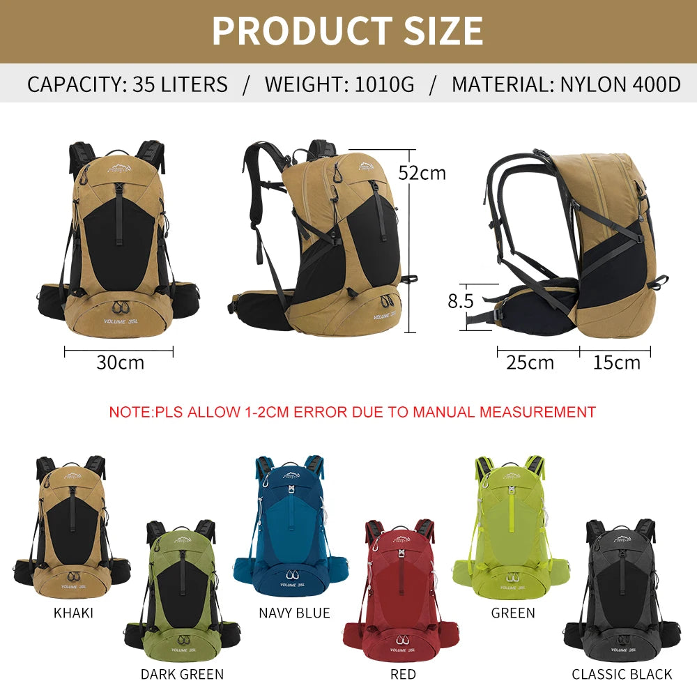 Mochila de montañismo de 35 litros para hombre y mujer, bolsa de deporte al aire libre, impermeable, para acampar, senderismo y lluvia.