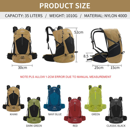 Mochila de montañismo de 35 litros para hombre y mujer, bolsa de deporte al aire libre, impermeable, para acampar, senderismo y lluvia.