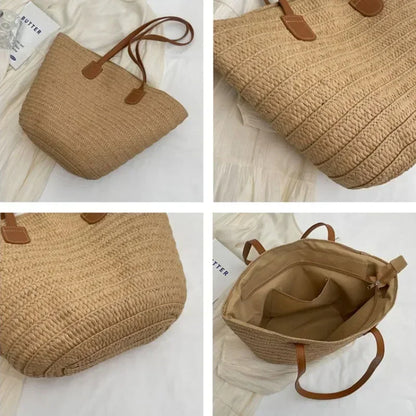 Bolso de mano trenzado con asa superior para mujer, bolso grande de paja portátil para hombro, bolso de fiesta de playa de verano, bolso de compras tipo cartera para mujer