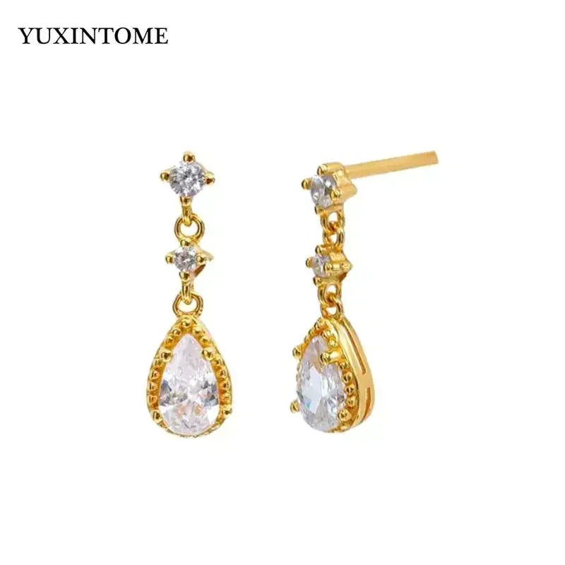 Pendientes de aro de plata de ley 925 con forma de aguja y cristales de circonita, con gotas de agua, dorados, joyería de lujo premium para fiestas.