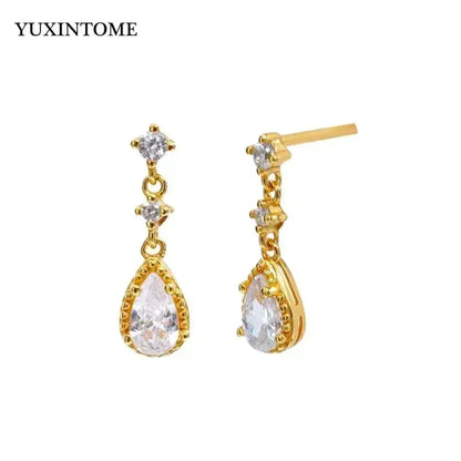 Pendientes de aro de plata de ley 925 con forma de aguja y cristales de circonita, con gotas de agua, dorados, joyería de lujo premium para fiestas.