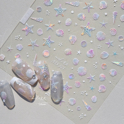 Calcomanías de manicura para decoración de uñas con relieve suave, conchas, estrellas de mar, caracoles, burbujas marinas, verano, playa, océano