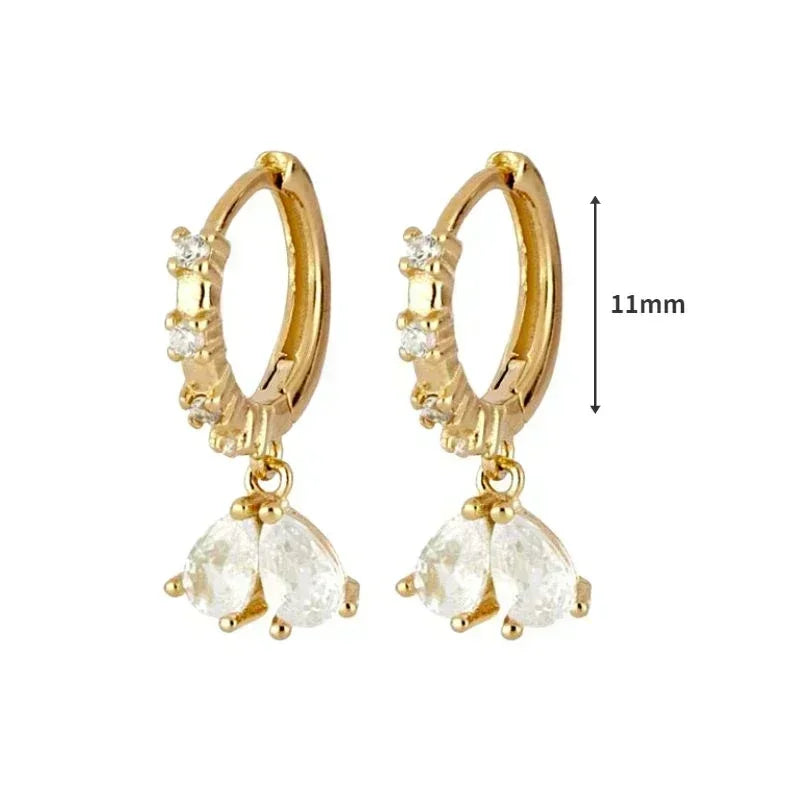 Pendientes de aro de plata de ley 925 con forma de aguja y cristales de circonita, con gotas de agua, dorados, joyería de lujo premium para fiestas.