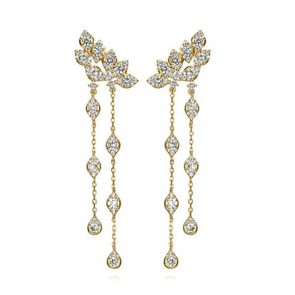 Pendientes de aro de plata de ley 925 con forma de aguja y cristales de circonita, con gotas de agua, dorados, joyería de lujo premium para fiestas.