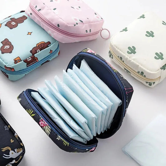 Bolsa de almacenamiento para compresas y tampones para mujer, organizador portátil impermeable con estampado de dibujos animados