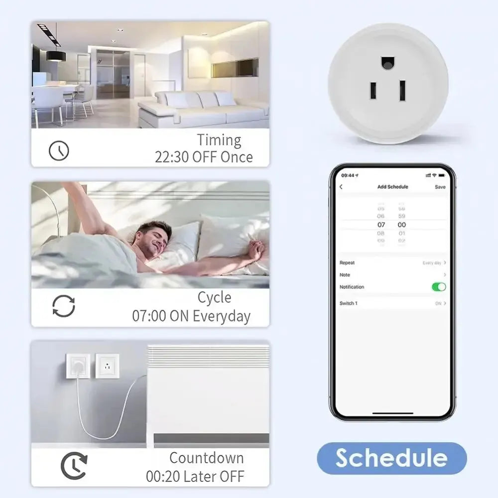 Enchufe inteligente Tuya con wifi, estándar estadounidense, inalámbrico, 10 A, control remoto, compatible con Alexa y Google Home.